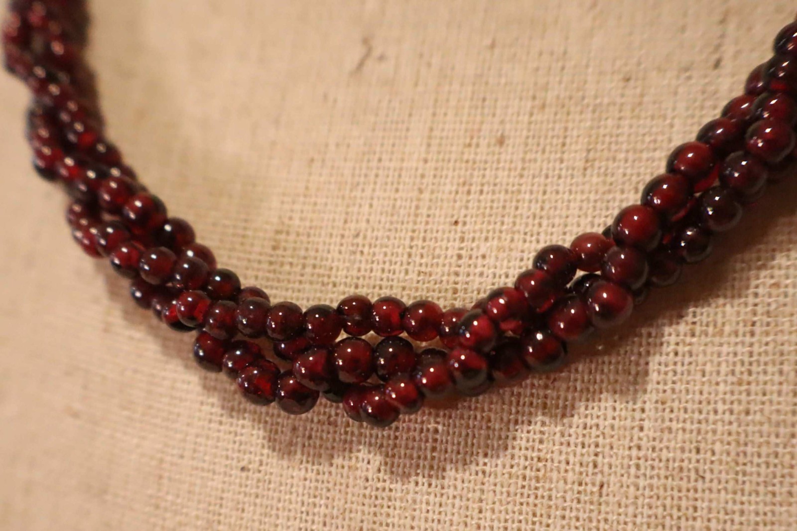 Vintage 3 Strand Garnet Beads 18″ Necklace 14KT YG Filigree Fish Hook Clasp