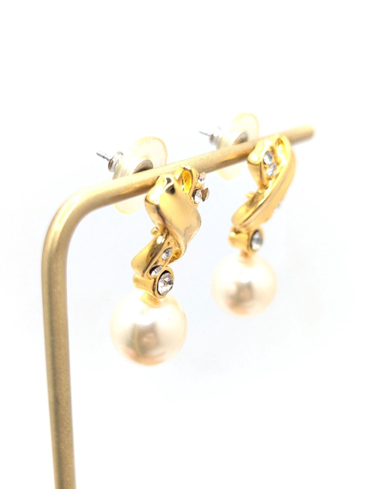 Vintage Drop Dangle Gold Tone Earrings Faux Pearl X Modernist Abstract Classic