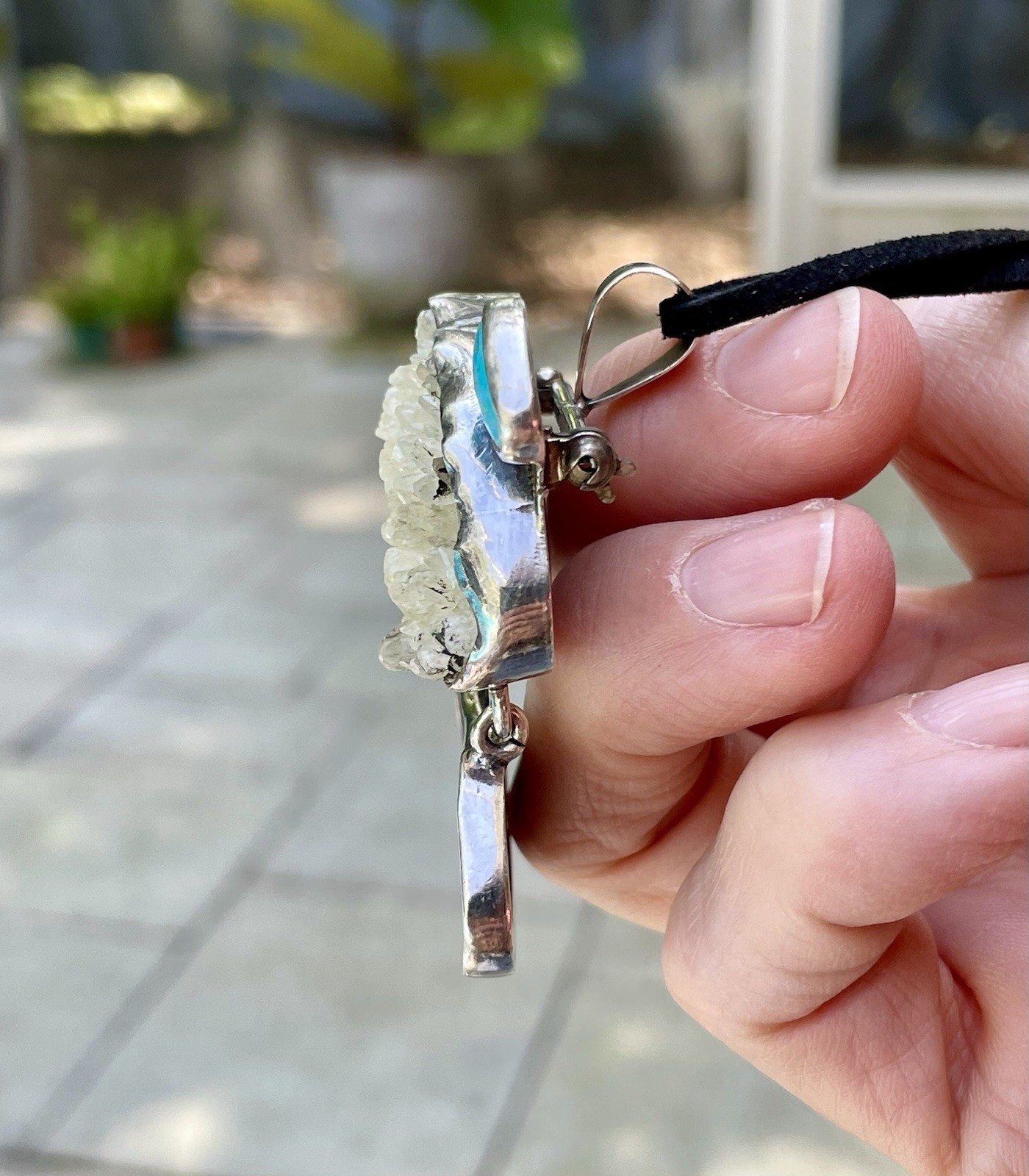 🎥Rock Crystal Rainbow Abalone Turquoise 2″ Pendant Brooch Mex Sterling Silver