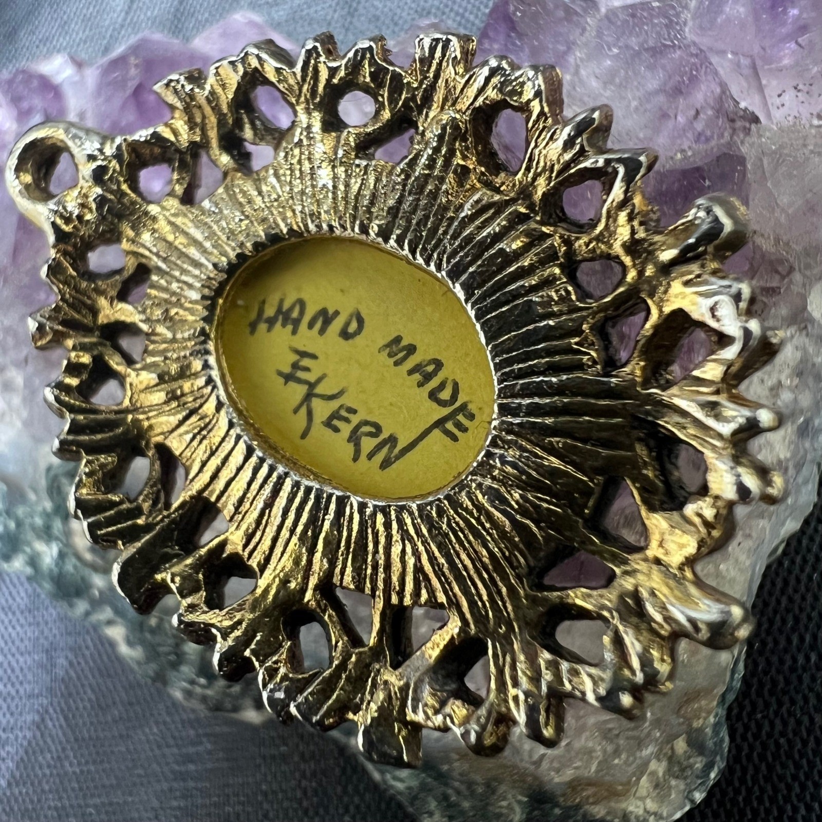 Vtg Dried Flower Pendant Handmade Signed Lucite Dome Gold Tone Victorian Gothic