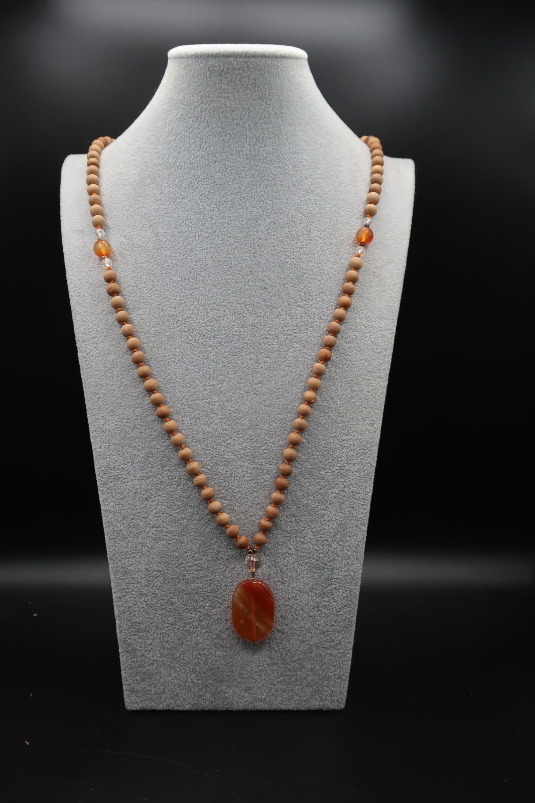 Vtg Hand Knot Strung Wood Bead Carnelian Agate Pendant Necklace Blooming Lotus