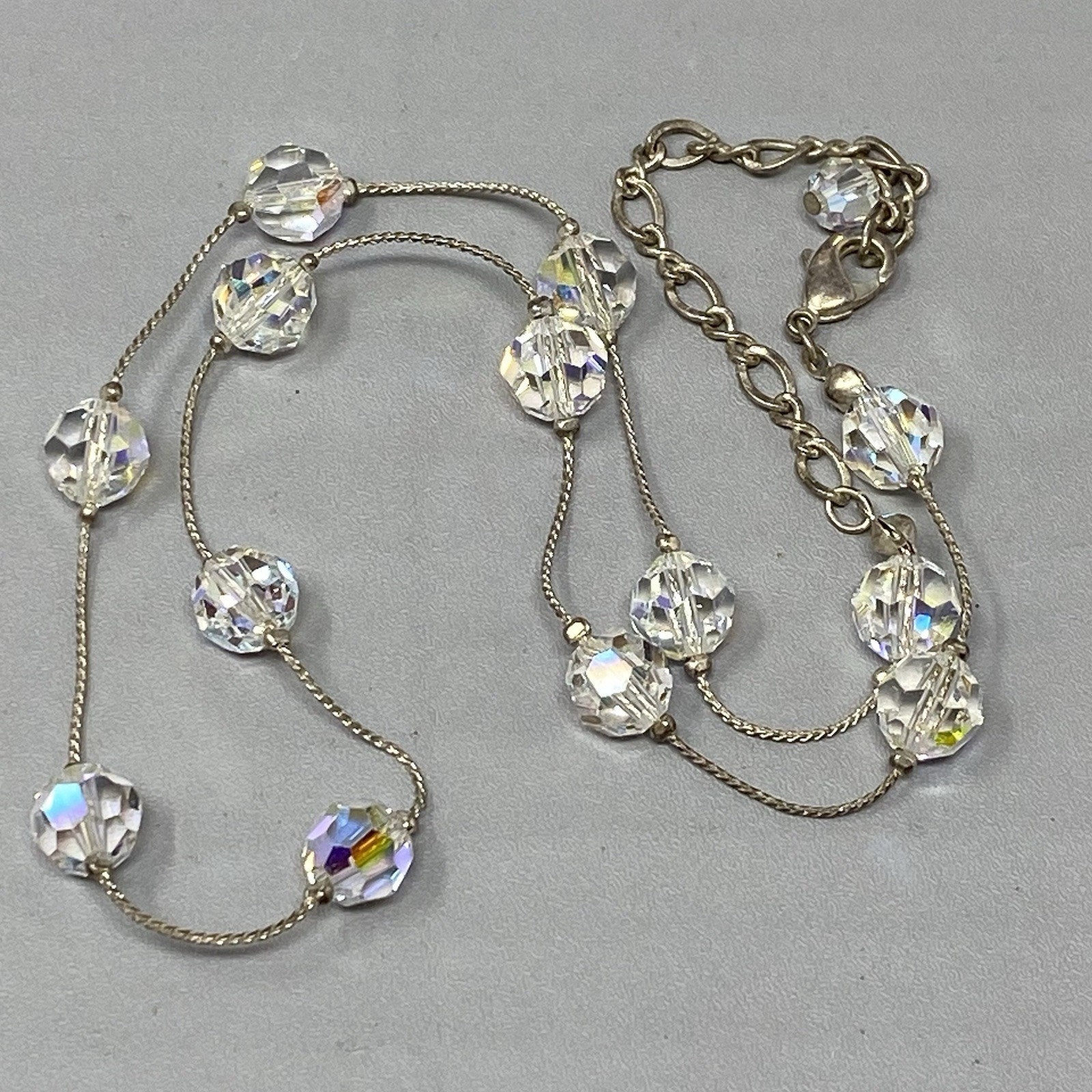 Aurora Borealis Crystal Bead Necklace Faceted Glass Silver Tone Chain Collar 18″