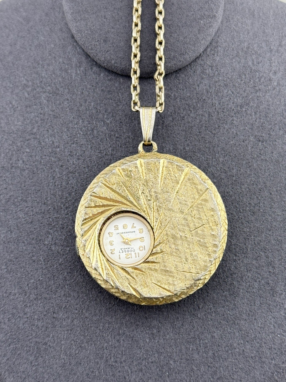 Vintage Dorset Swiss Pendant Watch Mid Century Atomic Starburst Manual 25″ Chain