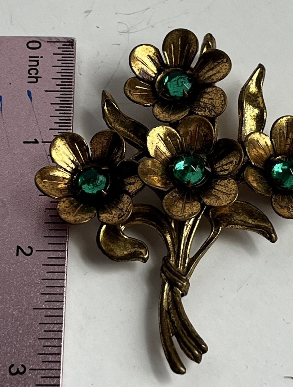 Vintage 1940’s Large Gold Tone Floral Sprig Brooch With Green Rhinestones