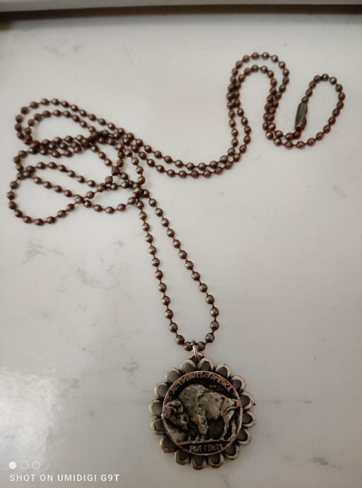 Vintage Buffalo Nickel Coin Pendant Necklace Copper Ball Chain Western Theme