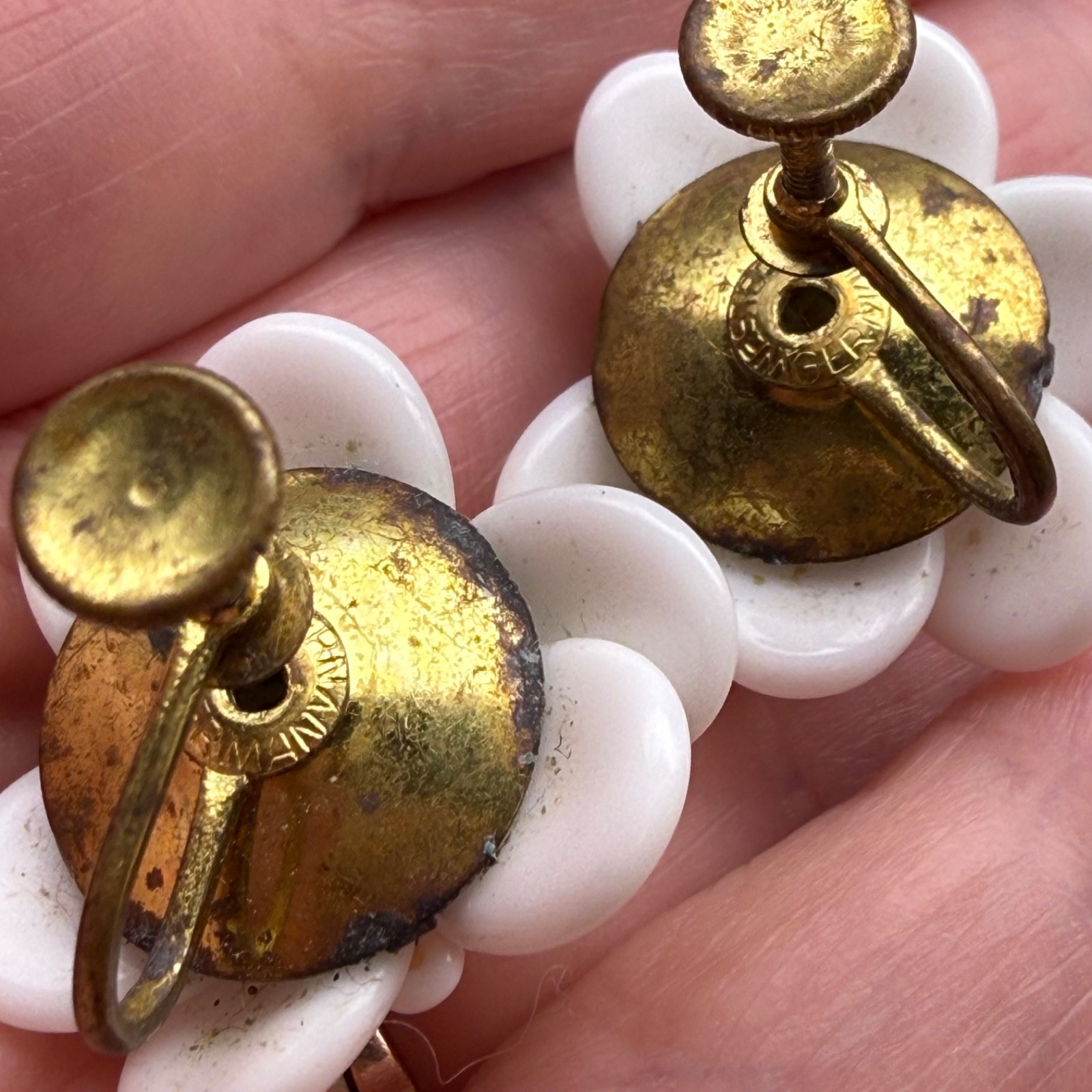 Vintage West Germany White Lucite Flower Screwback Earrings 1950s Floral