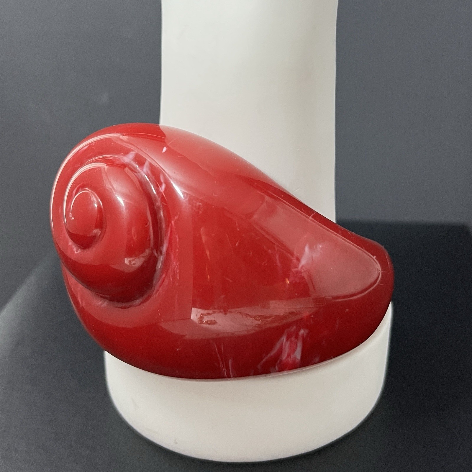 Red Lucite Cuff Bracelet Wide Chunky Statement Spiral Nautilus Shell Modernist