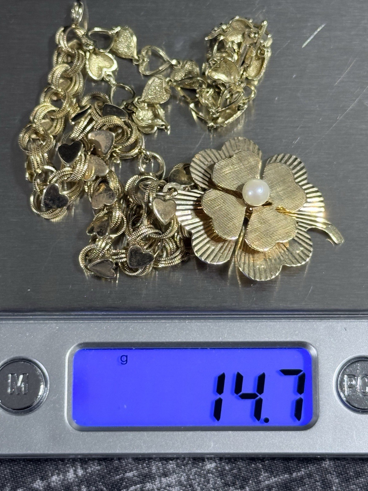 VINTAGE 14K GOLD LOT OF 2 HEART LINK BRACELETS 14.7 GRAMS WEARABLE BOTH MARKED