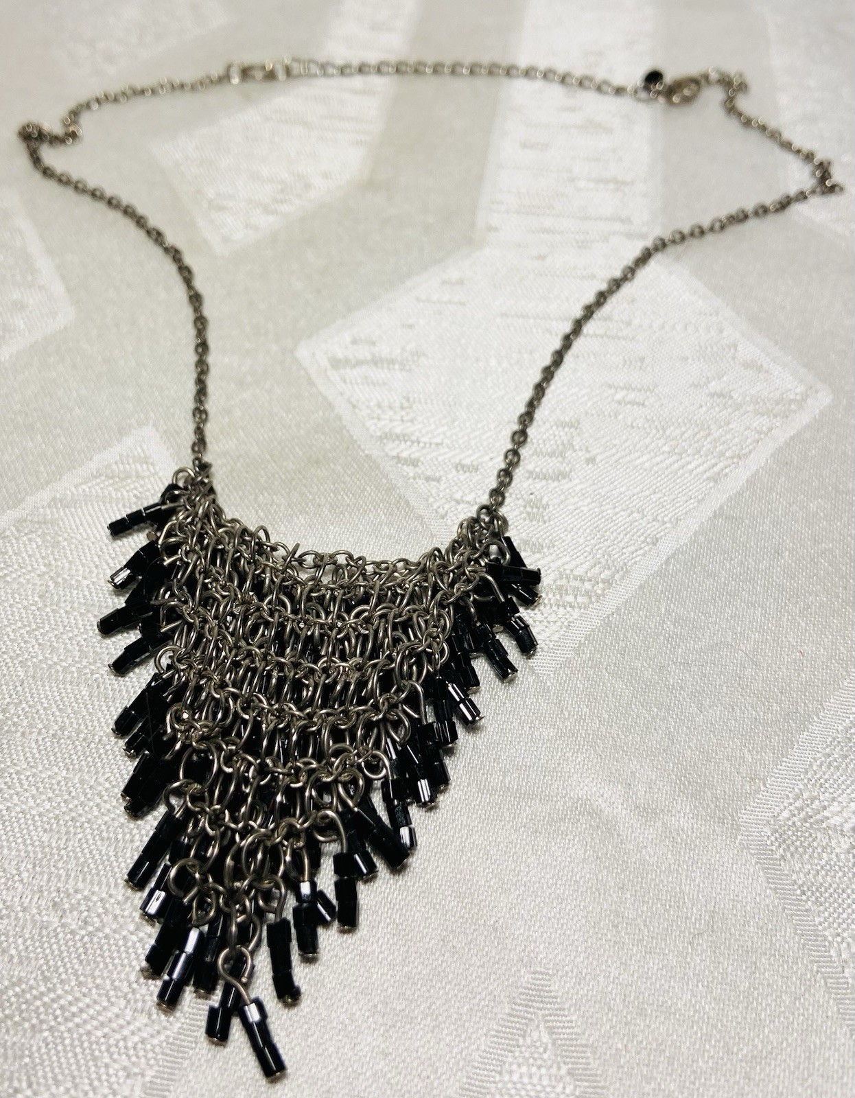 Vintage Black Bugle Bead Fringe Statement Necklace Waterfall Bib Silver Tone 18”