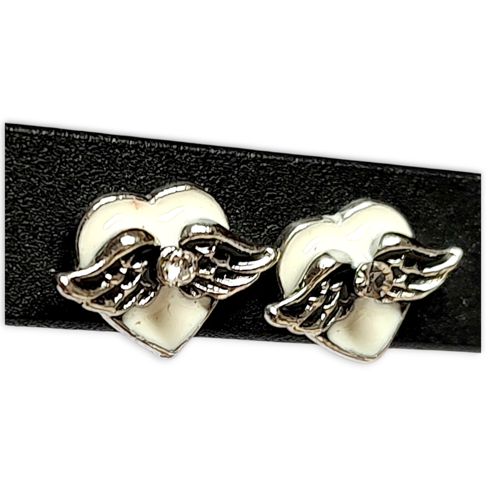Black White Enamel Rhinestones Silver Tone Hearts Angel Wings Everyday Earrings