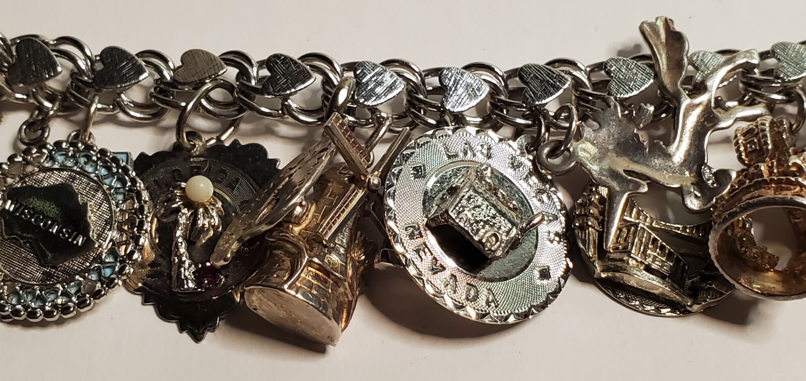 ELCO Sterling Silver 17 Charm Bracelet 64 grams – Bullhorn, Crown, Windmill