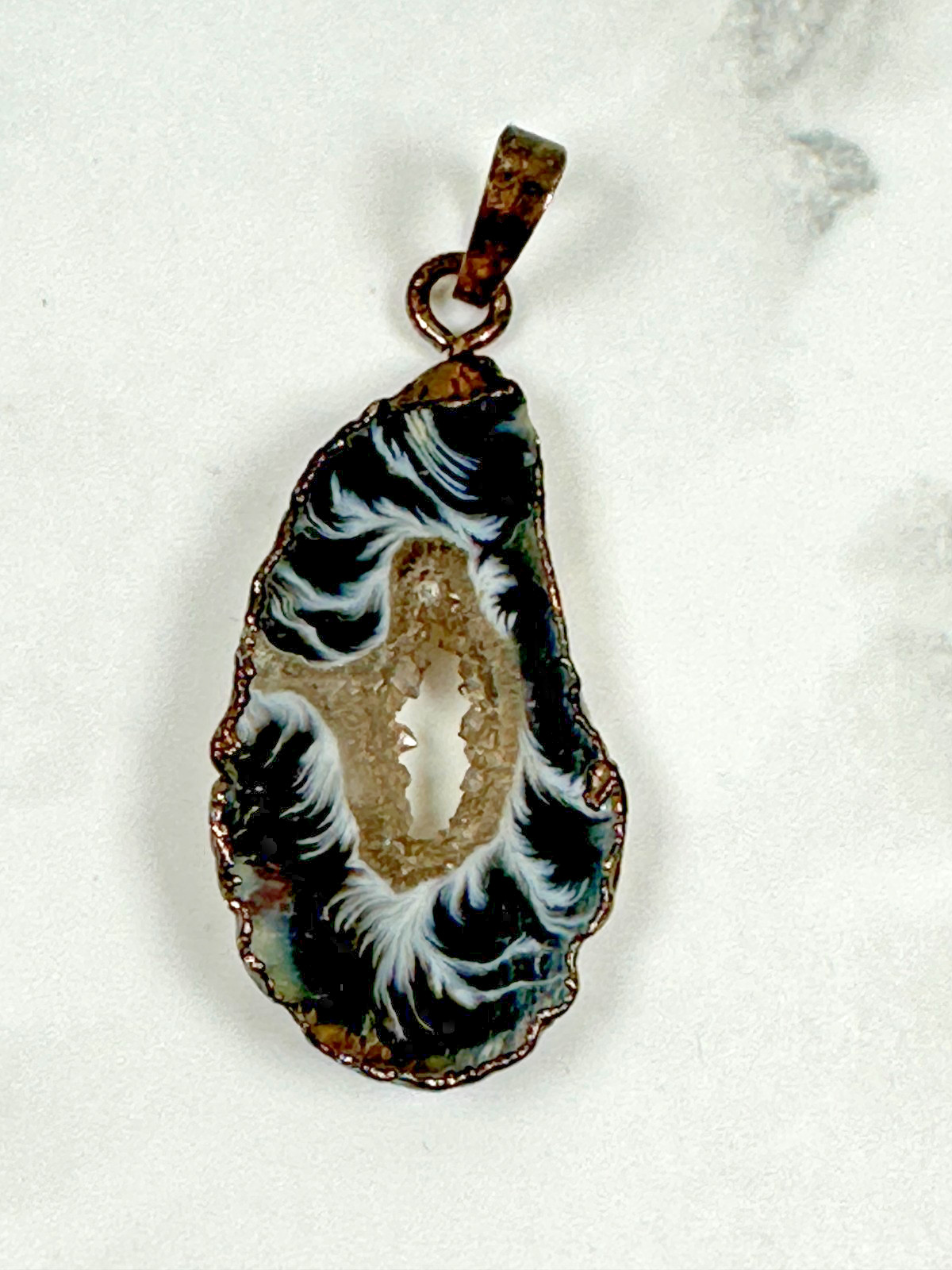 Natural Geode Druzy Pendant in Copper Ribbon Wrapping – 2″ Long