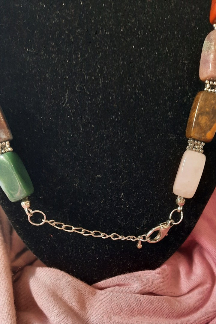 Vintage 21″ Natural Gemstone Necklace – Tiger’s Eye Jade Sodalite Coral Silver