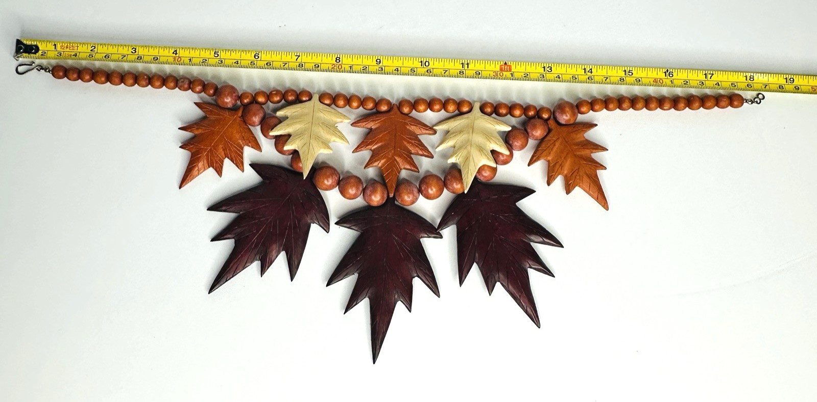 VTG Boho Wooden Leaf Necklace Double Strand Beaded Autumn Fall Colors Statement