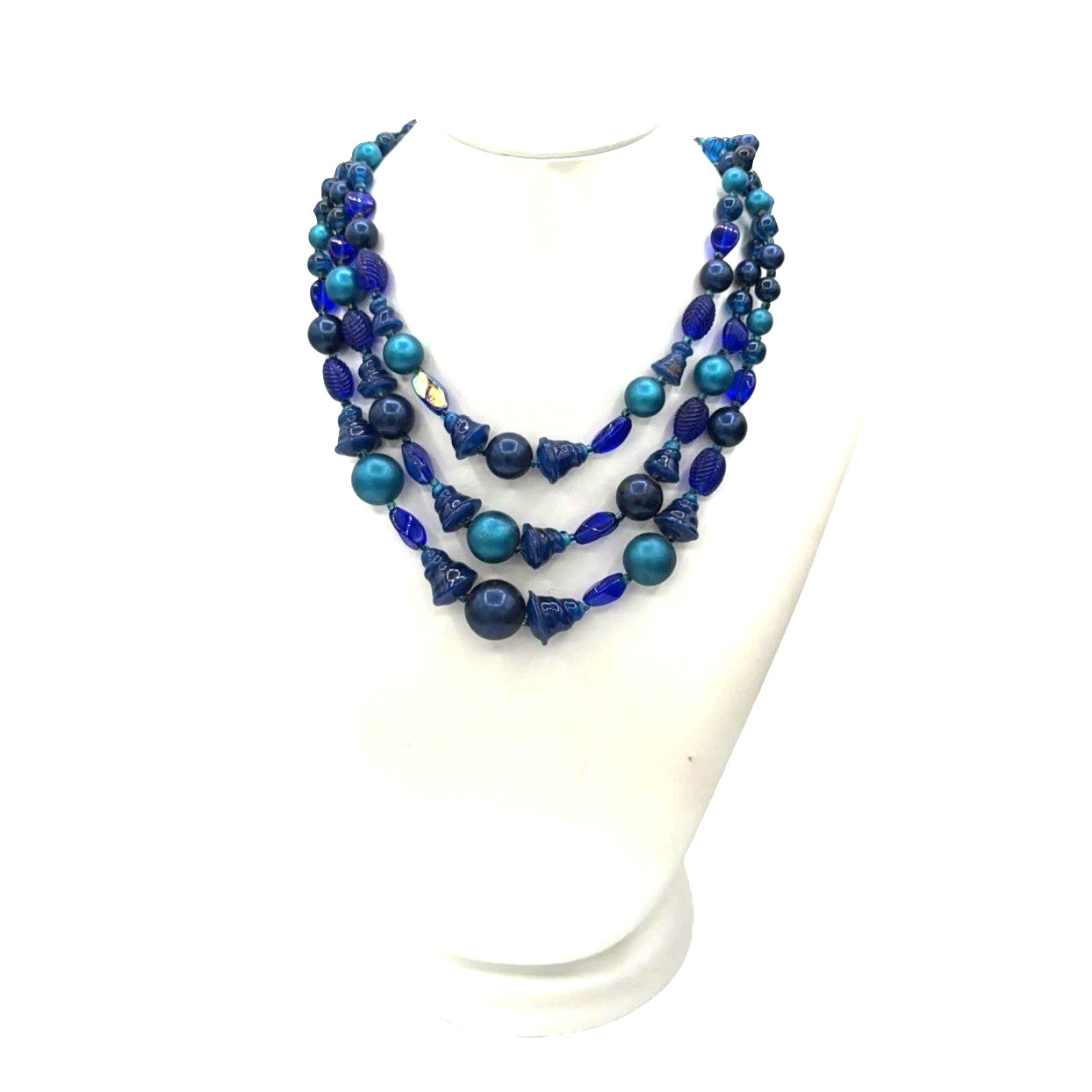 Japan Signed Vintage Multi‑Strand Blue Beaded Necklace – Art Glass Statement