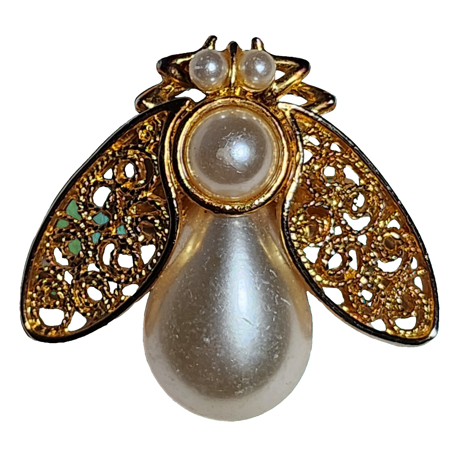 Vintage Brooch Pin Gold Tone Filigree Bee with Faux Pearl Costume Jewelry