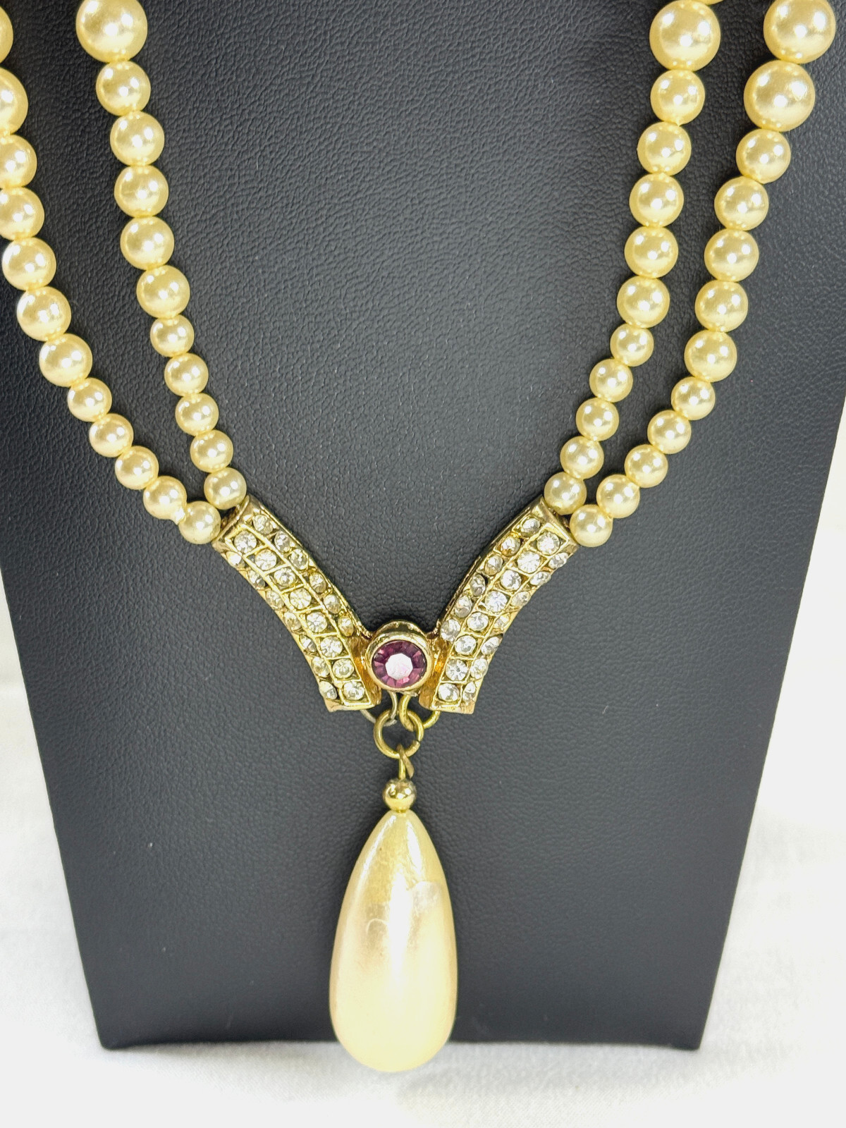 vtg 18″ Double Strand Faux Pearl Teardrop V Necklace 10kt Gold plated Wedding