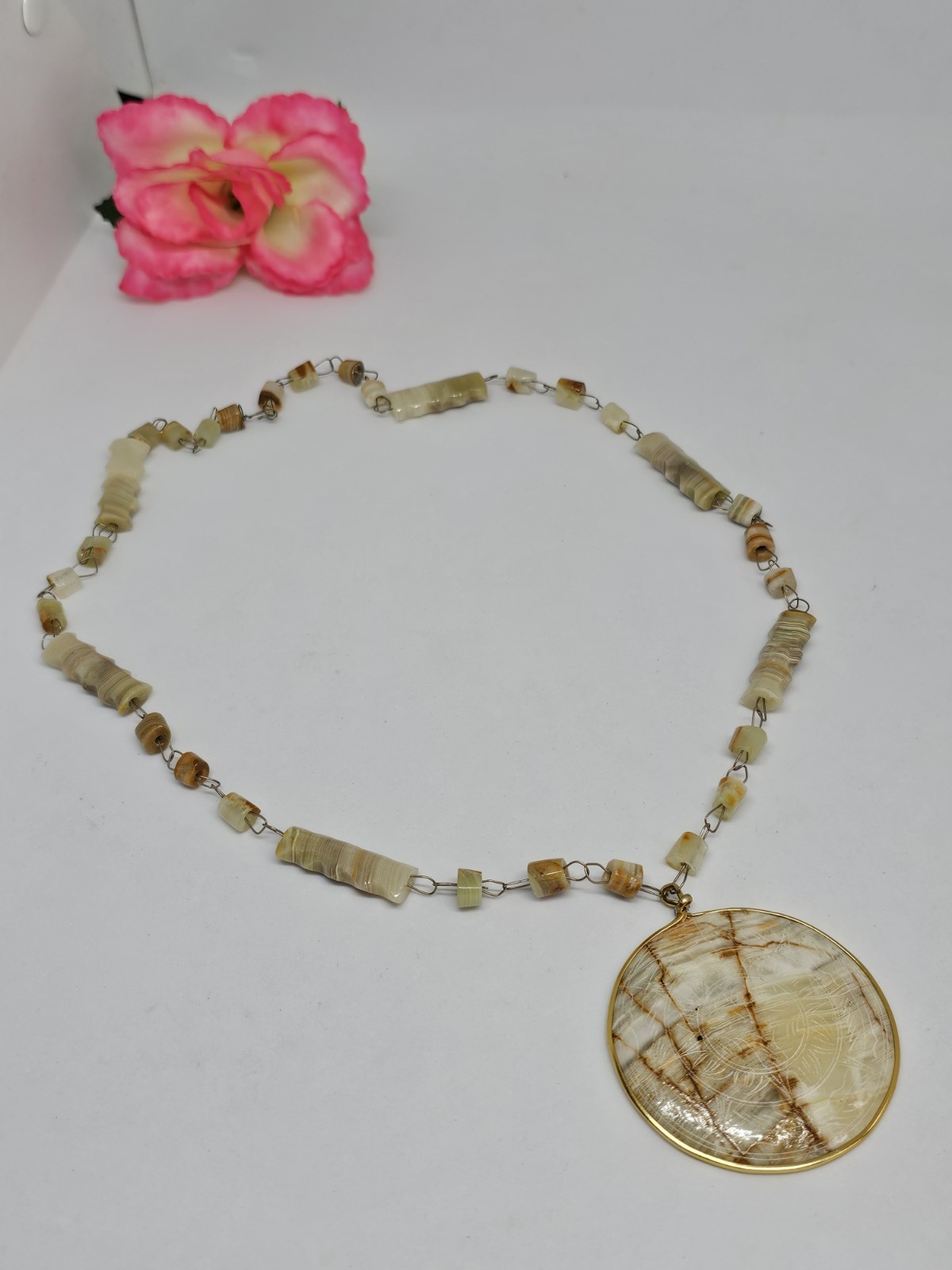 Vintage Carved Agate Beaded Necklace Etched Aztec Sun Disc Pendant