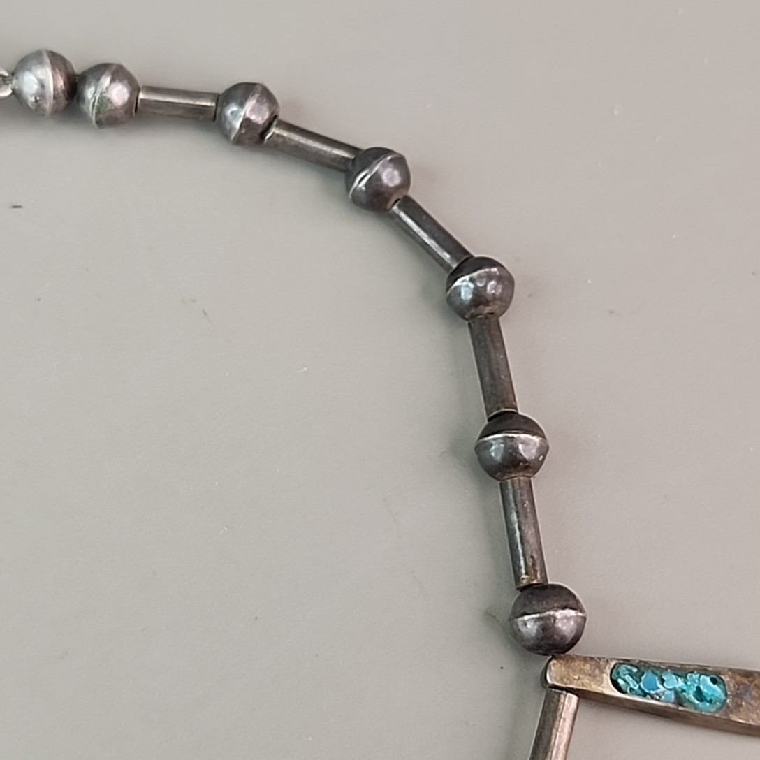 Vintage Mexican Necklace Sterling Silver Turquoise Chip Inlay Fringe Eagle 2