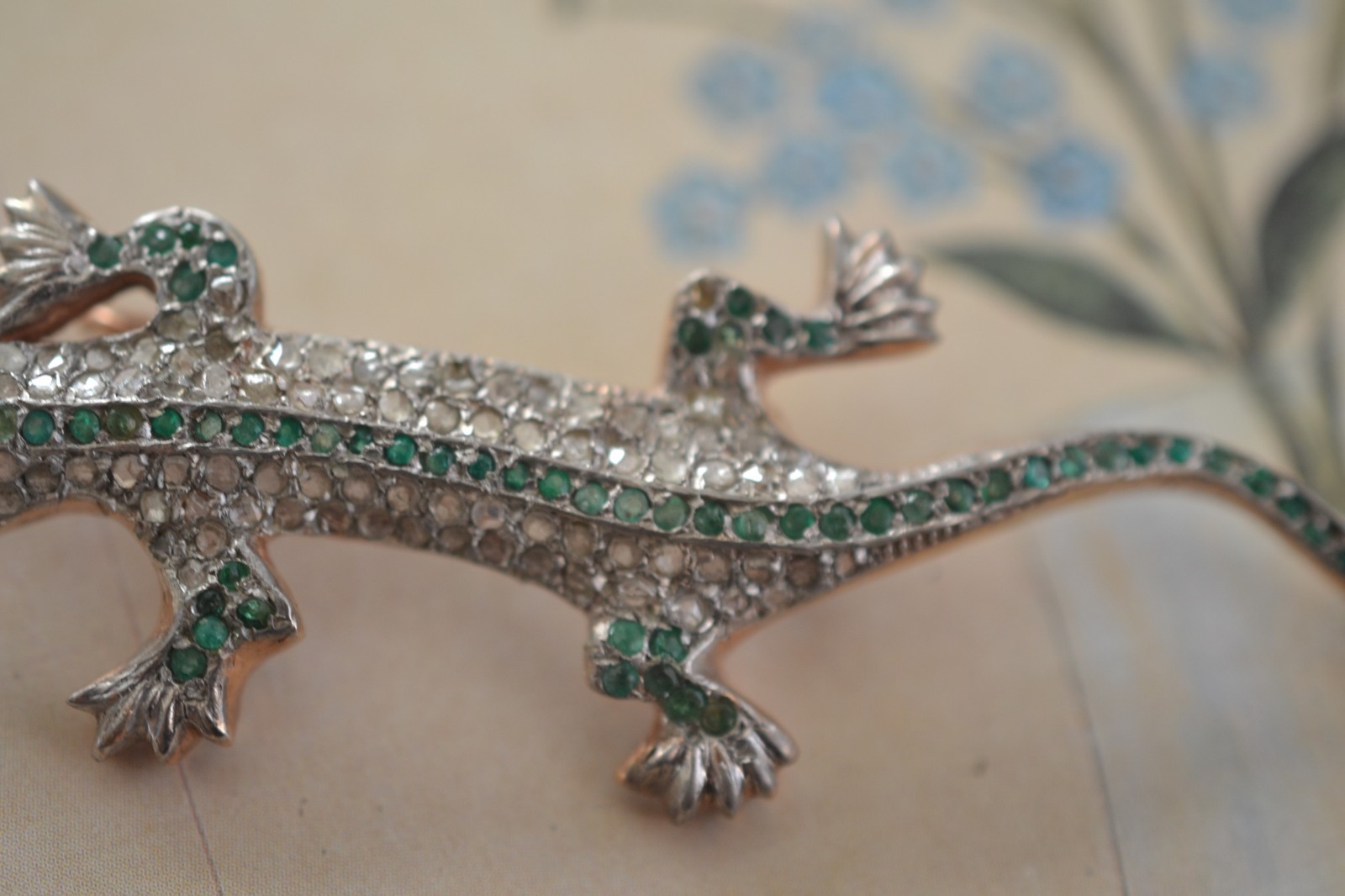 Antique Estate 18k Gold Diamond Emerald and Ruby Lizard Pin Brooch 12 Gr