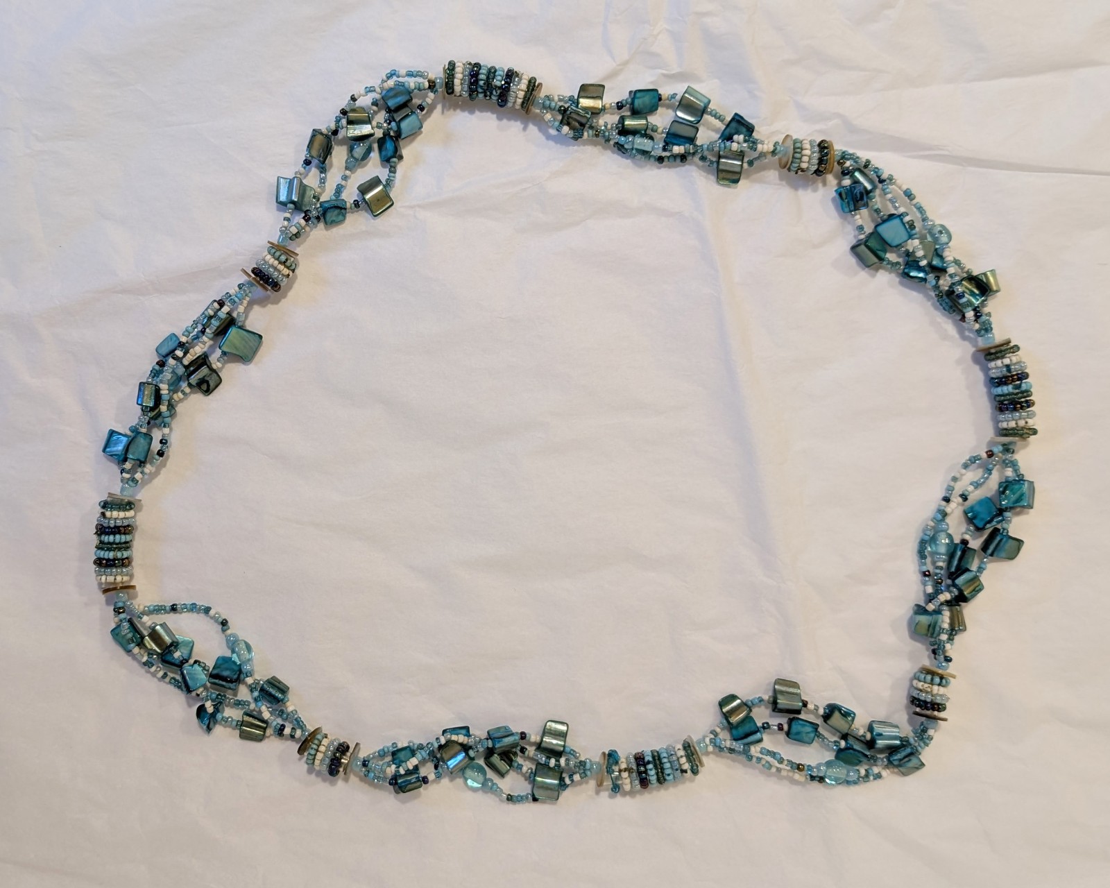 4 Strand Layered Necklace with Blue Dyed Abalone MOP and Glass Beads 30.5 inches