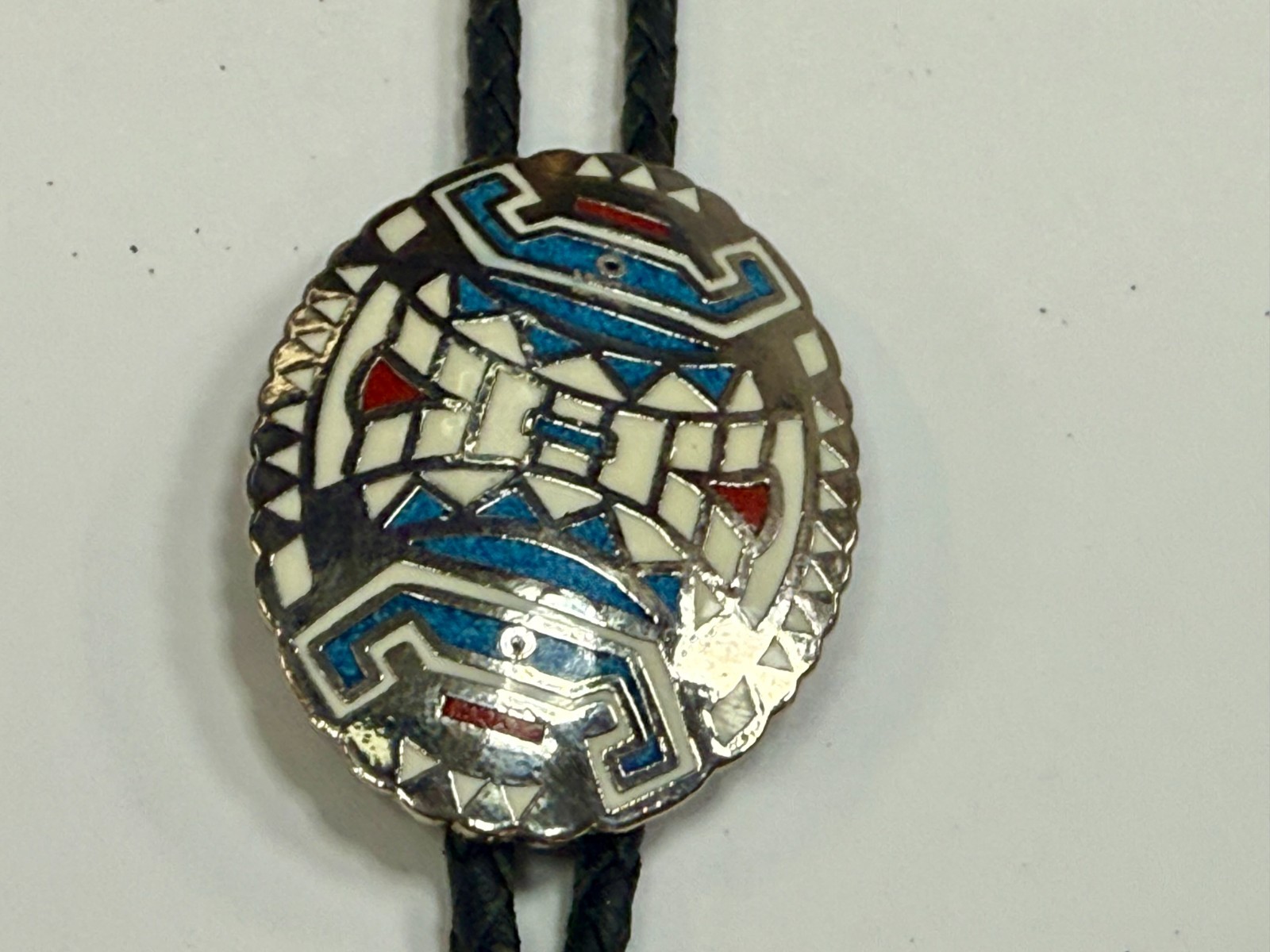 Southwestern Tribal Art Turquoise Coral Chip Inlay Vintage Bolo Tie