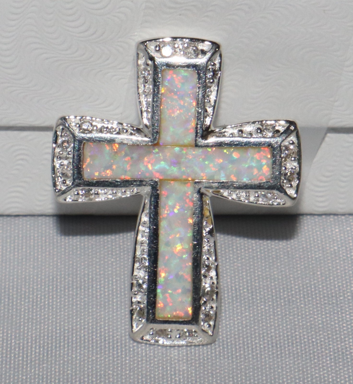 Vintage Sterling Silver Faux Opal Inlay Crystal Accent Cross Pendant Signed AK