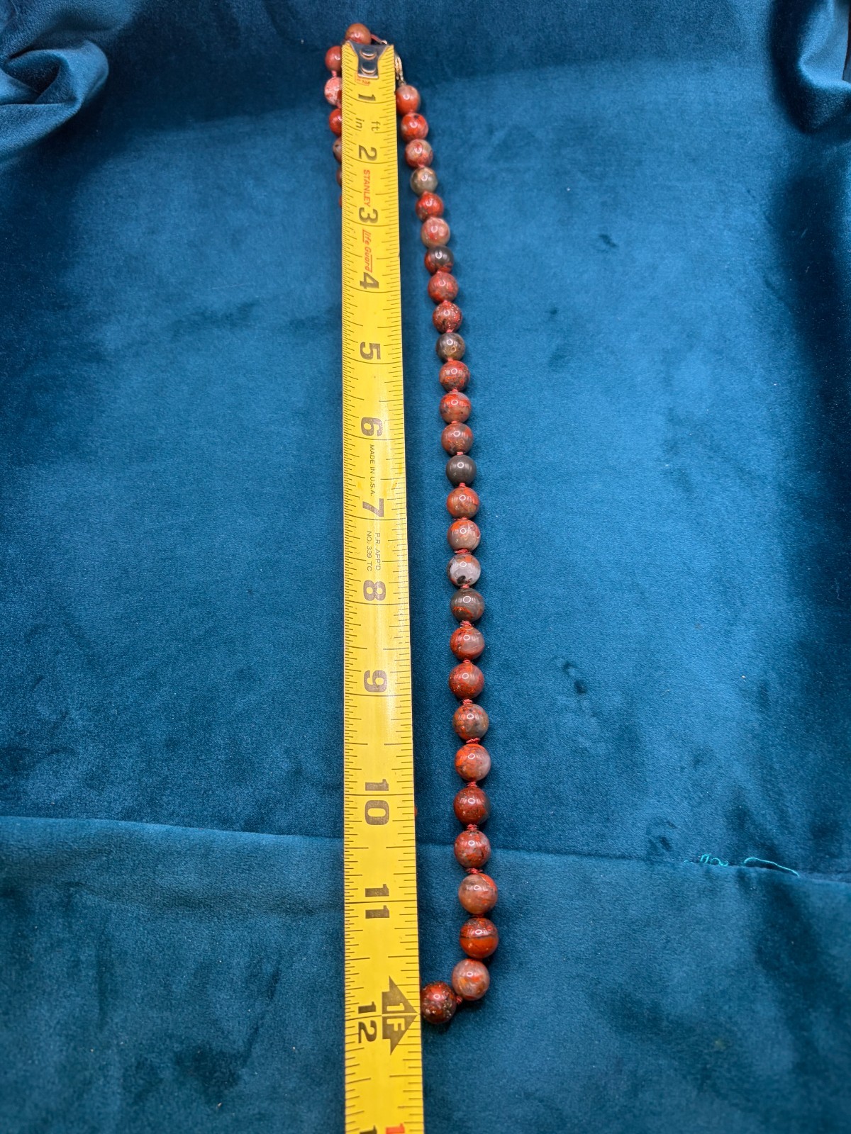 Vintage Hand Knotted Beaded Jasper Necklace Brecciated 14k GF Clasp 24″