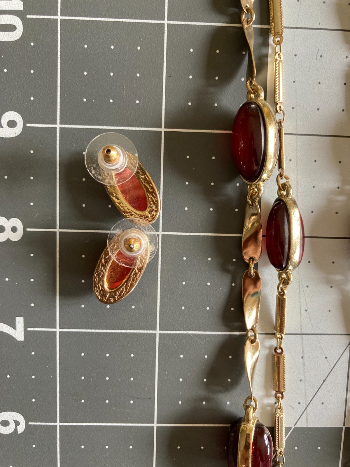 Coldwater Creek Gold Tone Red Cabochon Bead Double Strand Necklace Earrings Set