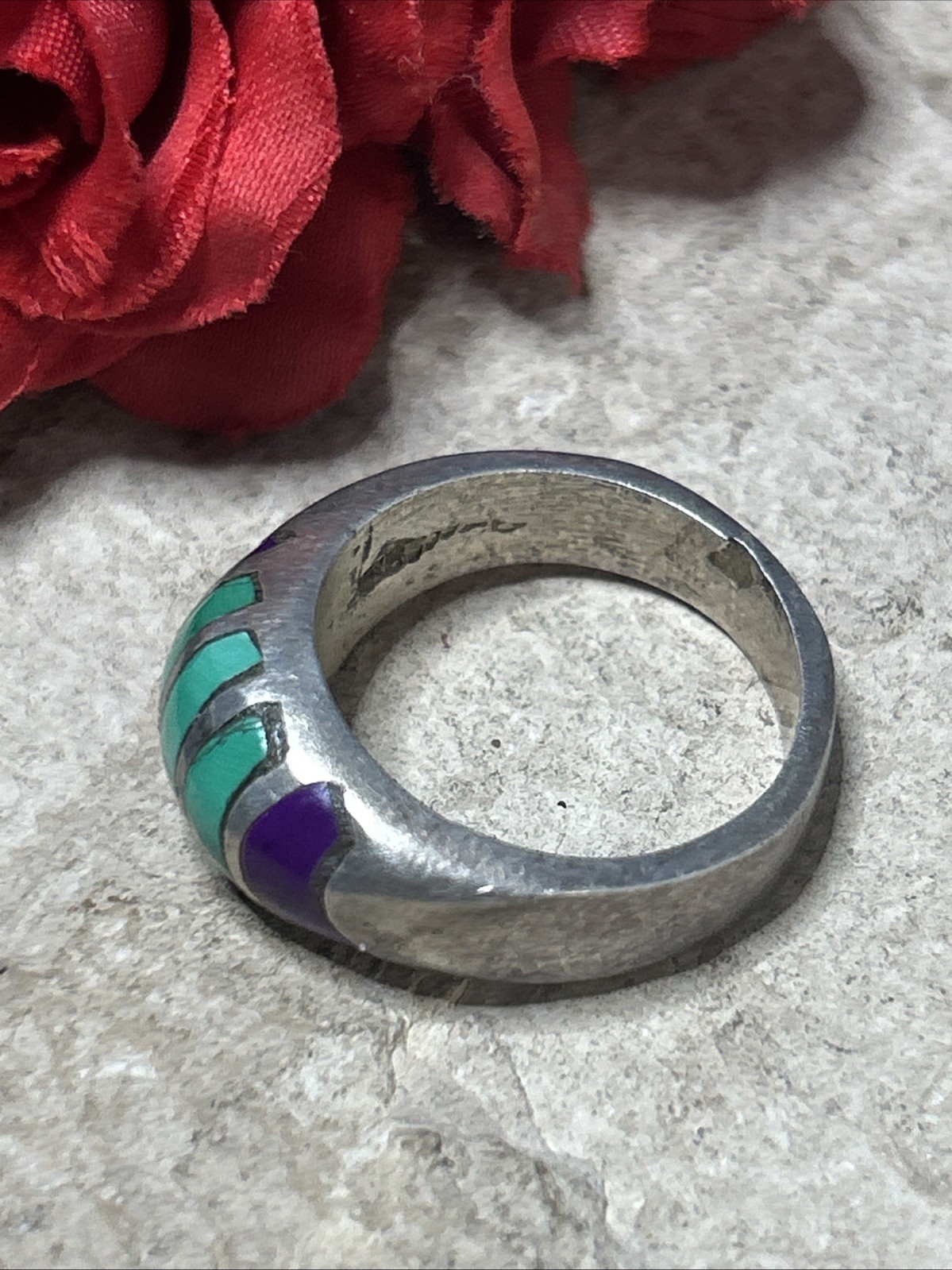 50. Vintage TAXCO Sterling 925 Green Purple Stone Inlay Ring 8.25s, 10.8g, Mex
