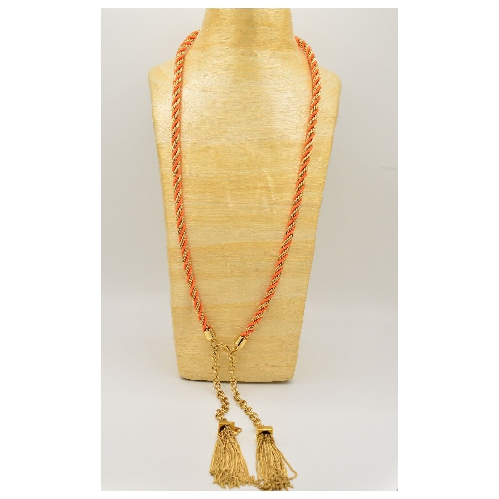 BCBG Max Azria Tassel Statement Necklace Orange Beaded Gold Chain Fringe BinN