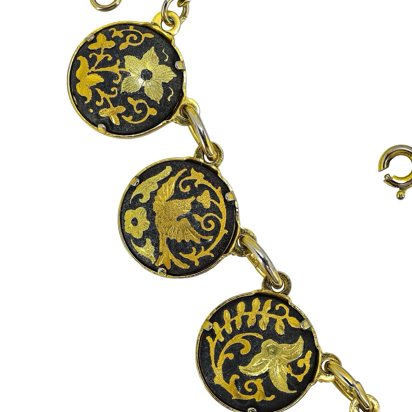 Vintage Mid Century Japanese Style Damascene Coin Charm Necklace Black Gold 18”