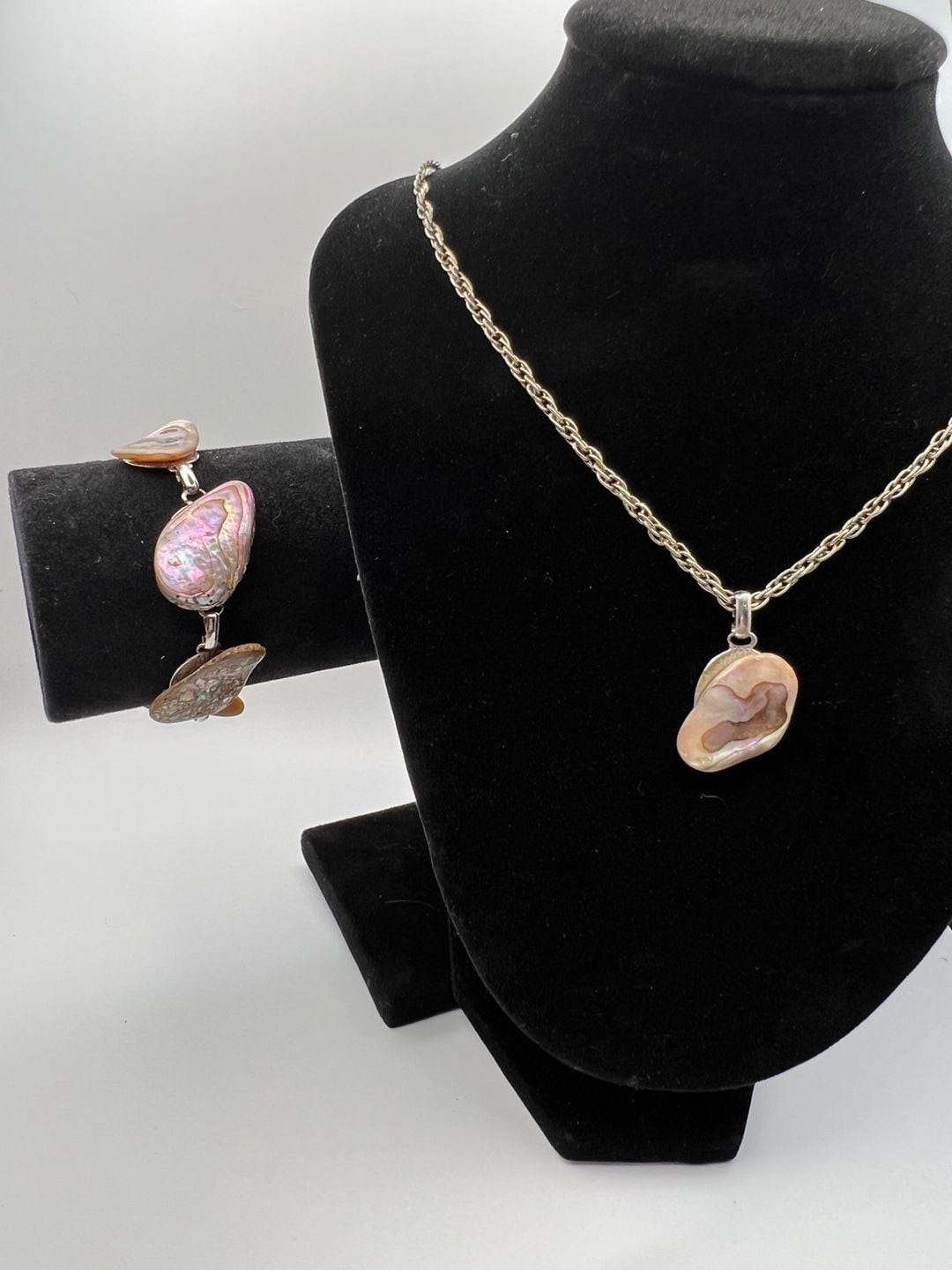 Vintage Abalone Shell Link Bracelet and Pendant Necklace Set