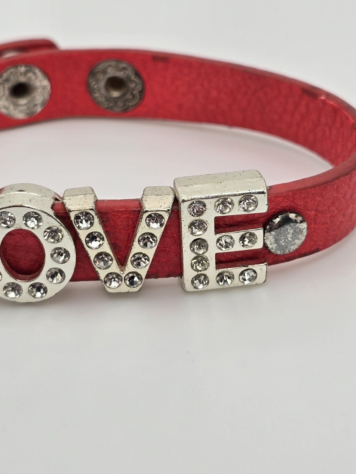 Vtg YIK FUNG Signed Red Leather & Rhinestone Slide Charm Bracelet FREE $HIPPING!