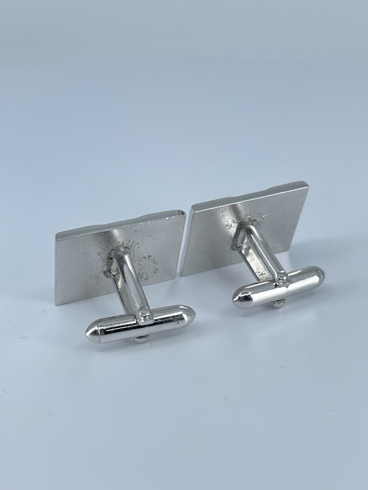 Swank rectangle cufflinks red rhinestone brushed polished silver tone