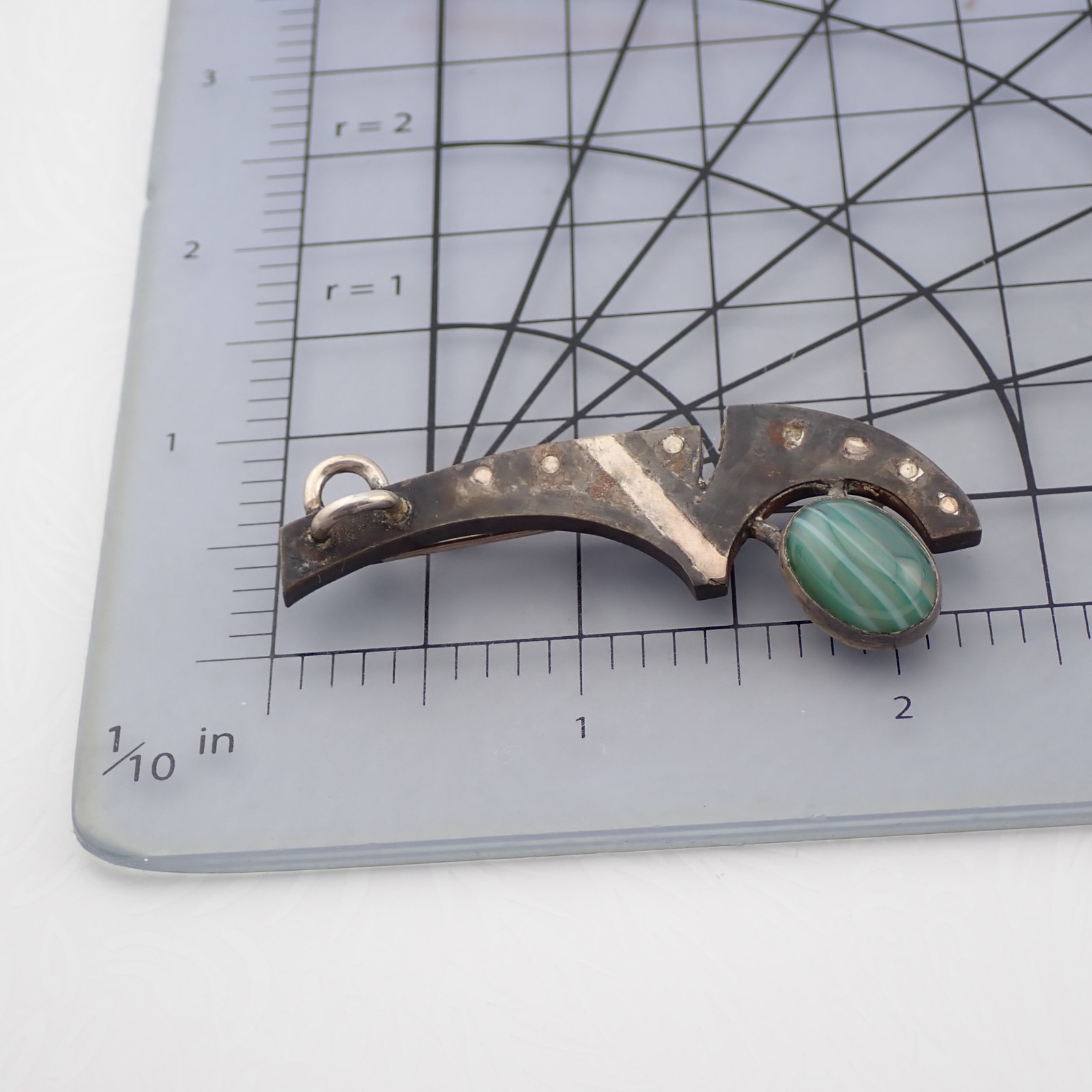 Brutalist Modern Abstract Green Banded Agate Silver Mixed Metal Pin Pendant MR
