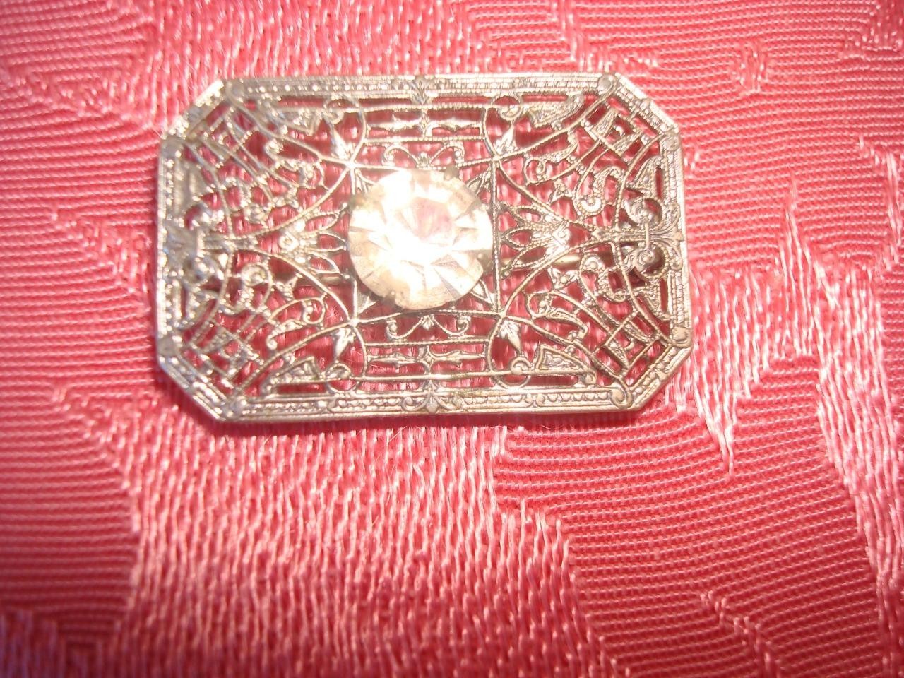 Art Deco Silver Color Filigree Pin Brooch Clear Rhinestone 7/8 x 1 1/4 In. KJ