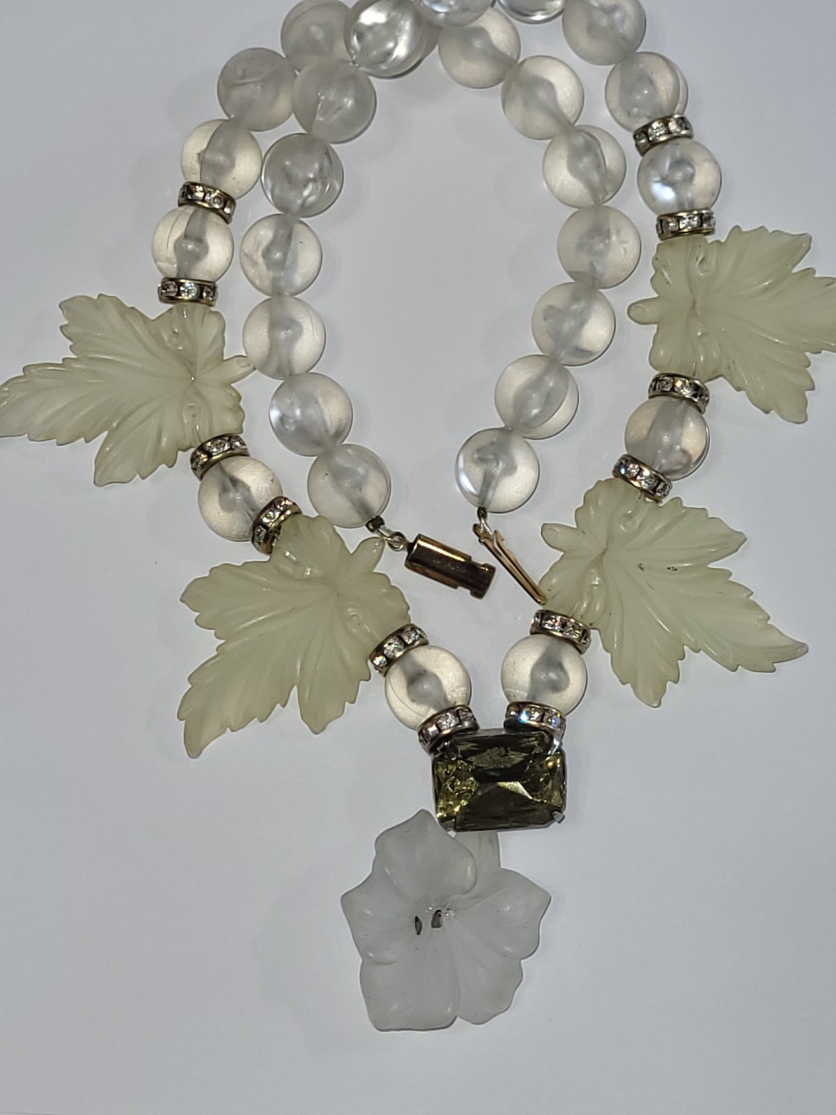 Vintage Carved Lucite Maple Leaf Necklace Clear Crystal Beaded Statement Jewelry