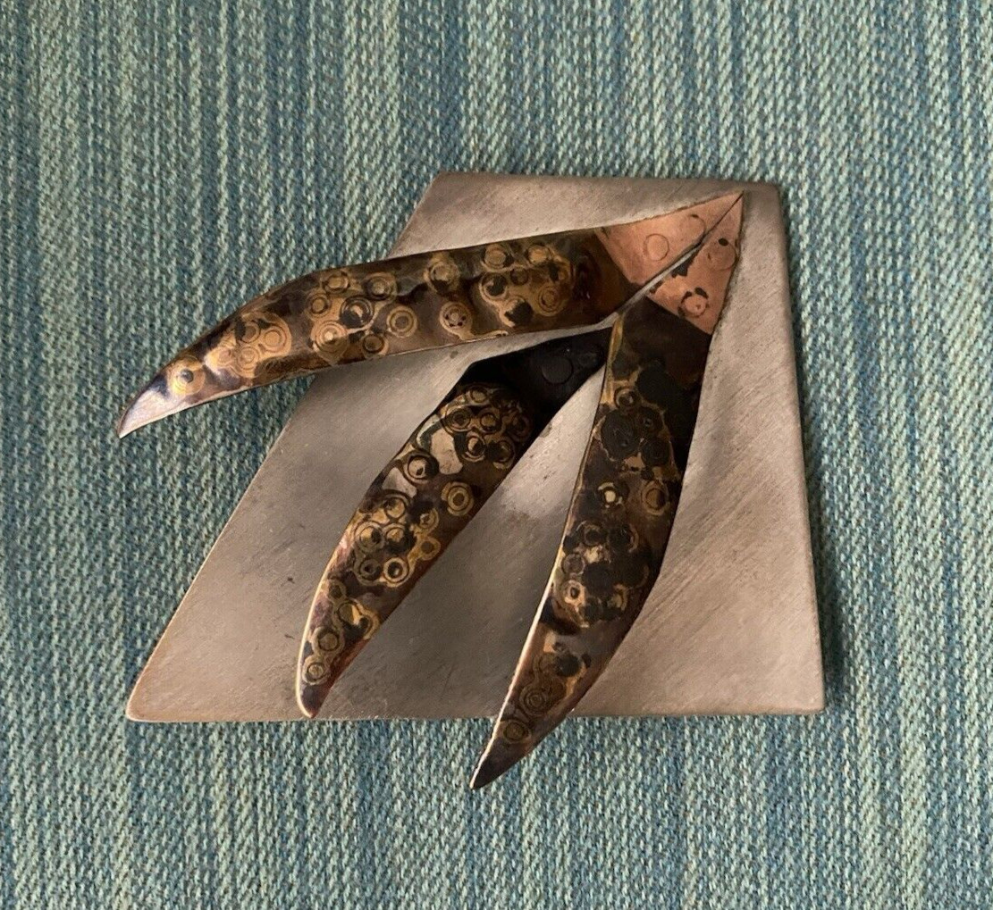 Modernist Geometric Mixed Sterling Silver Plate With Copper Accent Brooch