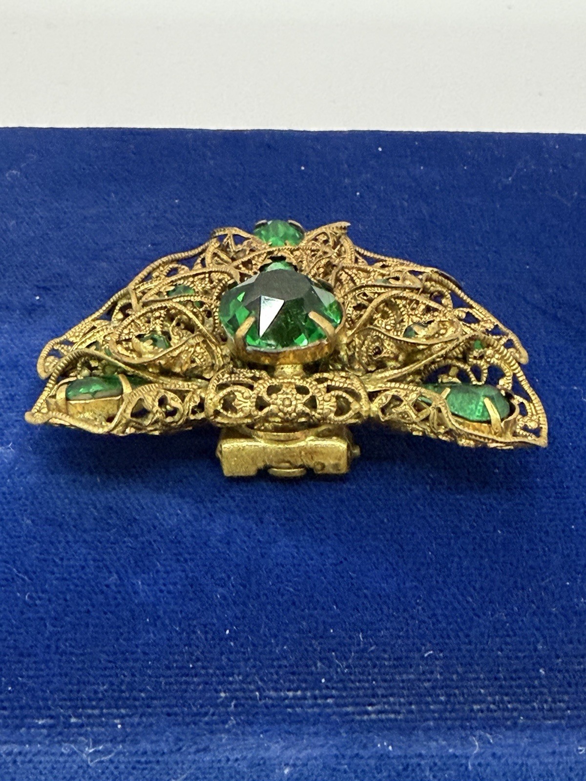 Victorian Czech Gold Tone Filagree Green Stone Dress Clip/ Pin Antique