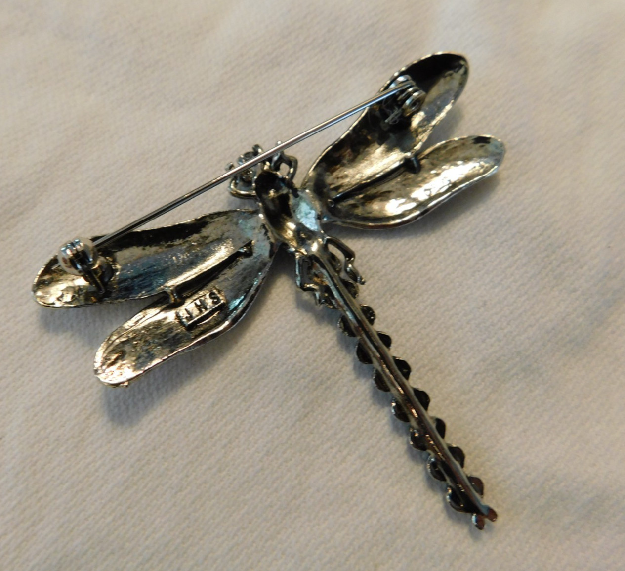 Dragonfly Black Crystal Rhinestone Brooch Vintage Pin Signed JHS
