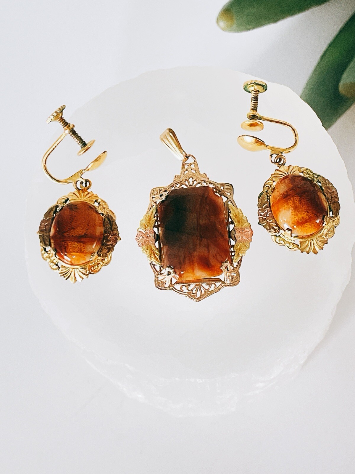 Baltic Honey Amber Gold Filled Pendant & ScrewBack Earrings Set Stunning Vintage