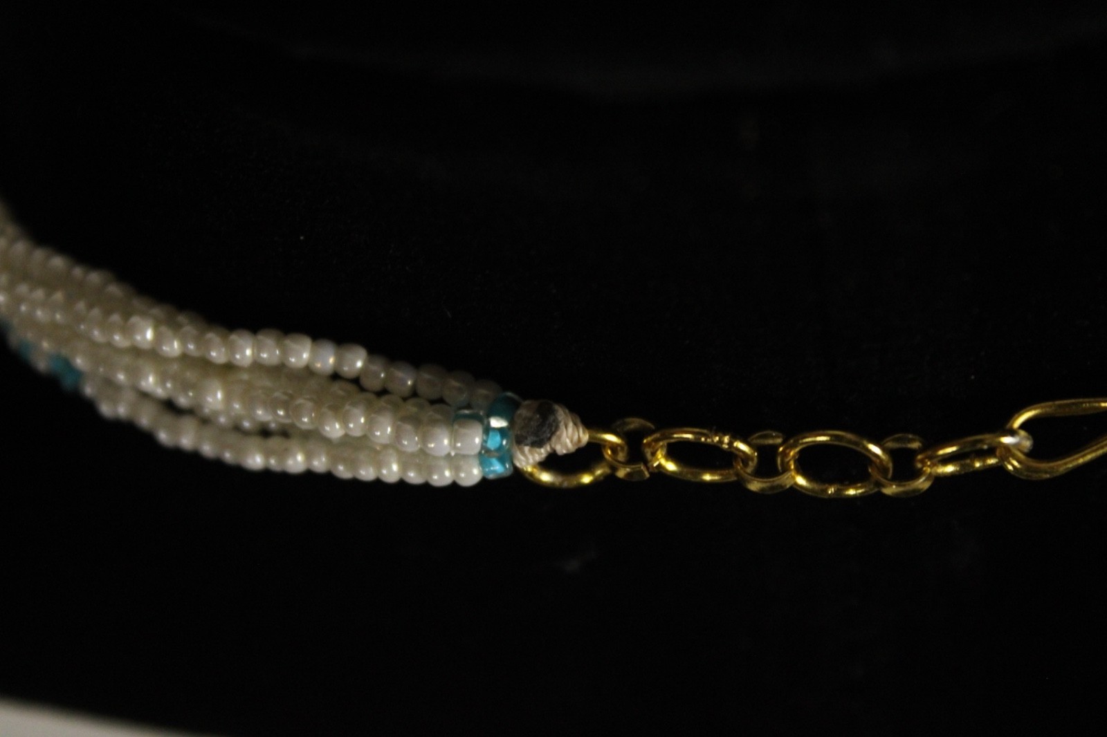 Beaded Necklace Light Sky Blue Pearl White 24″ 6 Strand Tiny Seed Bead Handmade