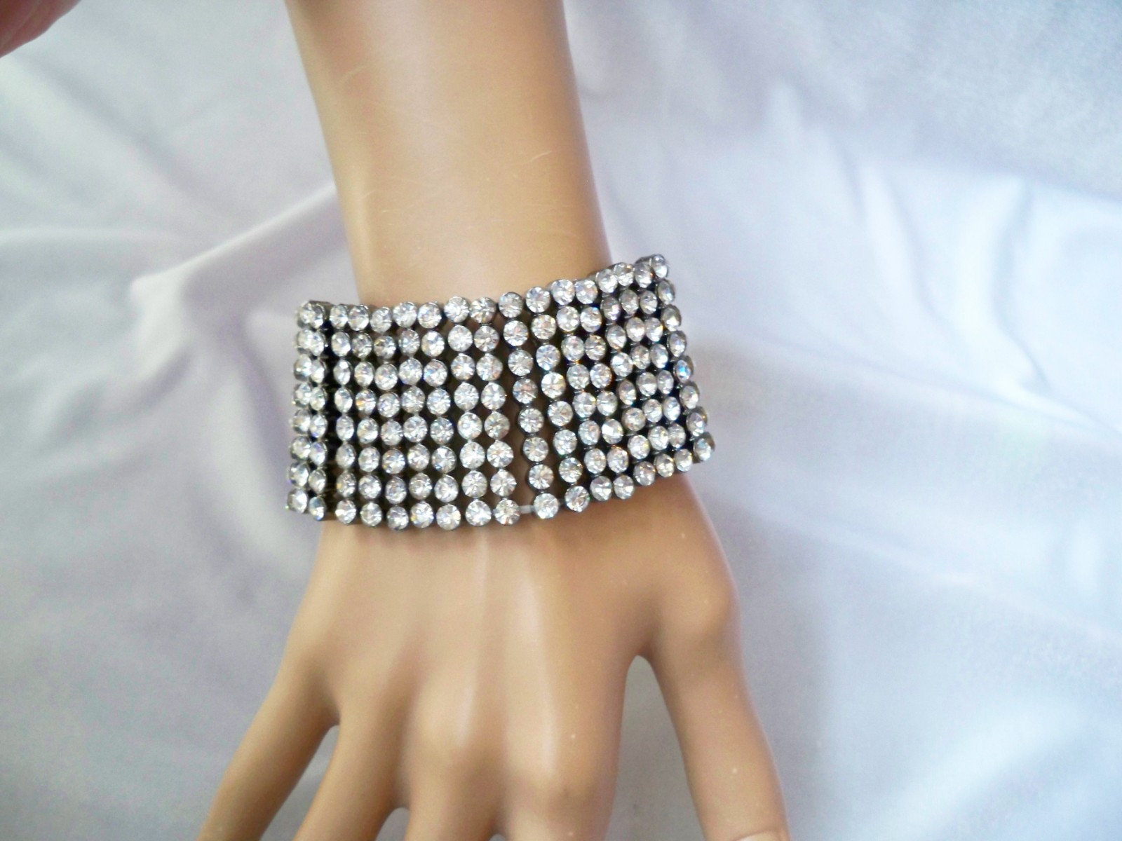 Wide 8 Row Pave Set Crystal Rhinestone & Black Faux Leather Snap Bracelet