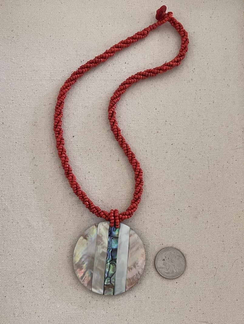 Vintage Abalone Shell Coral Seed Beaded Twist Pendant Disc Statement Necklace