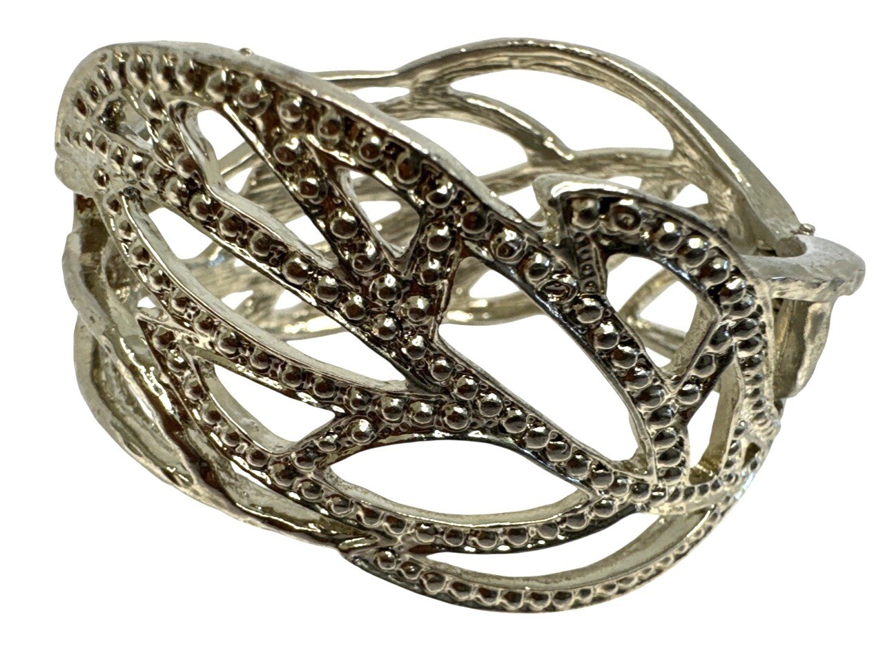 Silver Tone Rhinestone Leaf Design Hinged Bracelet Open Filigree