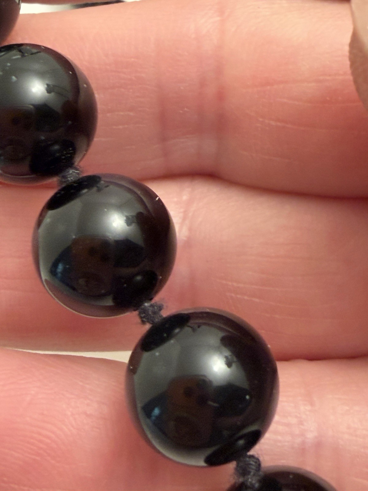 Vintage Round Polished Black Glass 1cm Beads 28” Necklace Hand-Knotted 126.7g