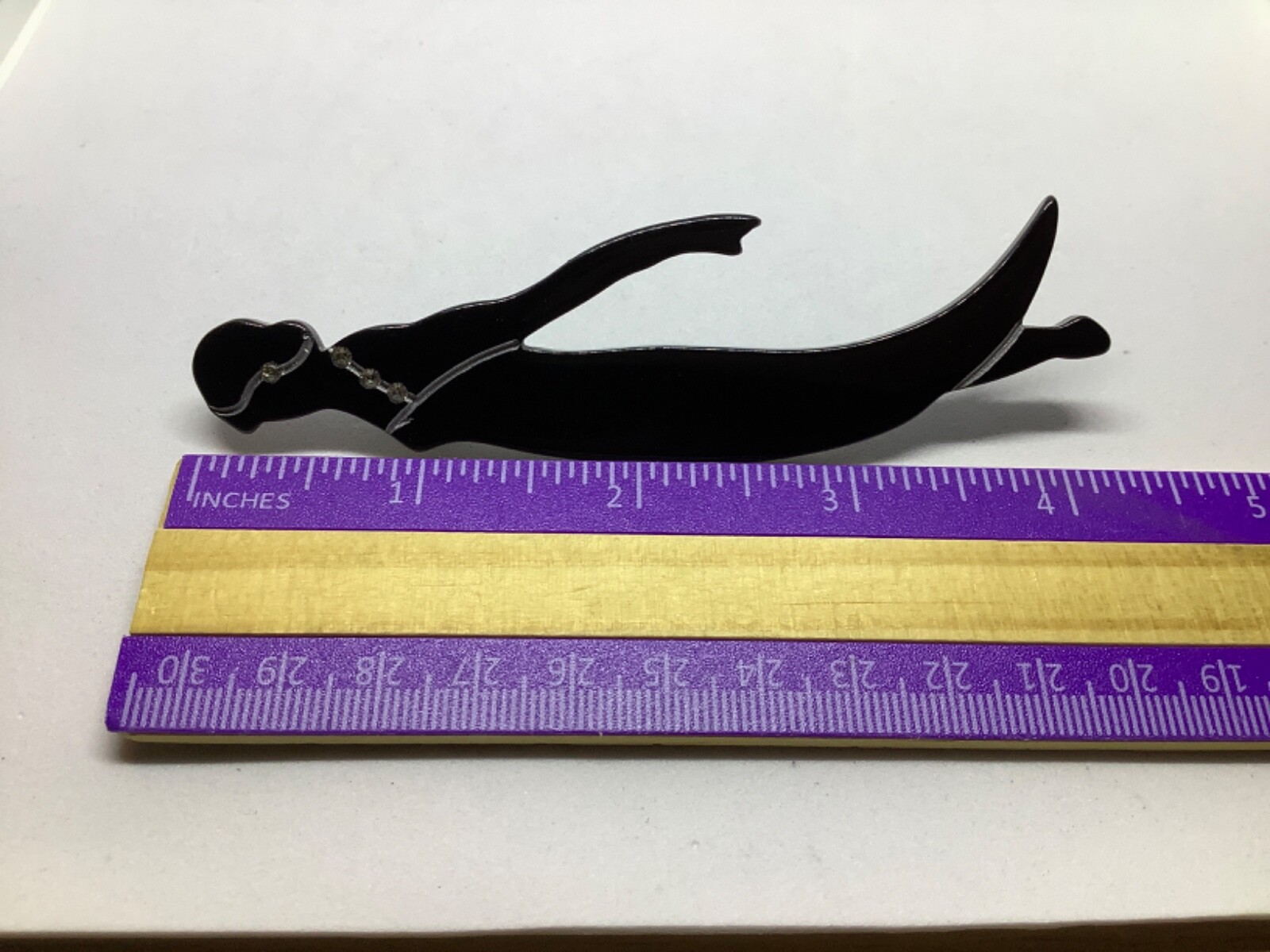 Vintage Lucite Brooch Pin Flapper Lady Black Clear Rhinestones Large 4 inch