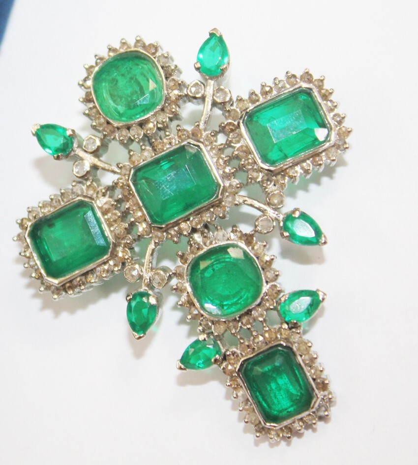 4.50ct Rose Cut Diamond Victorian 925 Sterling Silver Emerald Cross Pendant
