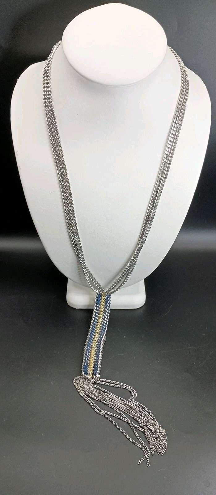 Stella & Dot Long Tassel Necklace Rhinestone Fringe Silver Tone 35″